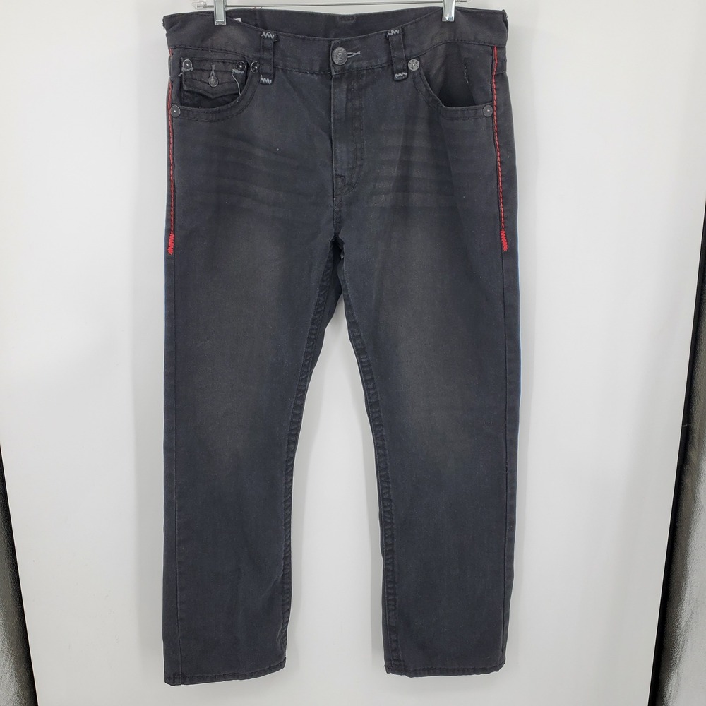 True Religion Ricky Super T Mens 42 Black Jeans Red Contrast Stitch Made in USA